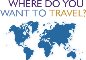 Image with text "Where do you want to travel?" above a map of the World